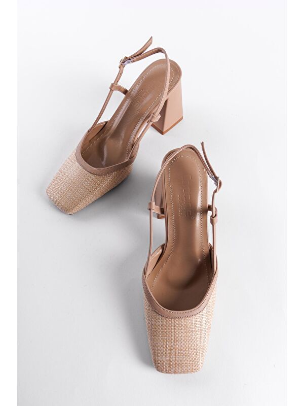 Arkası Açık Küt Burunlu Kalın Topuklu Hasır Kadın Ayakkabı - Görsel 3