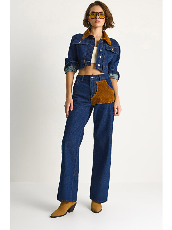 SHADE Kadın Kadife Yaka Ceket Renk Bloklu Wide Leg Pantolon Denim Takım