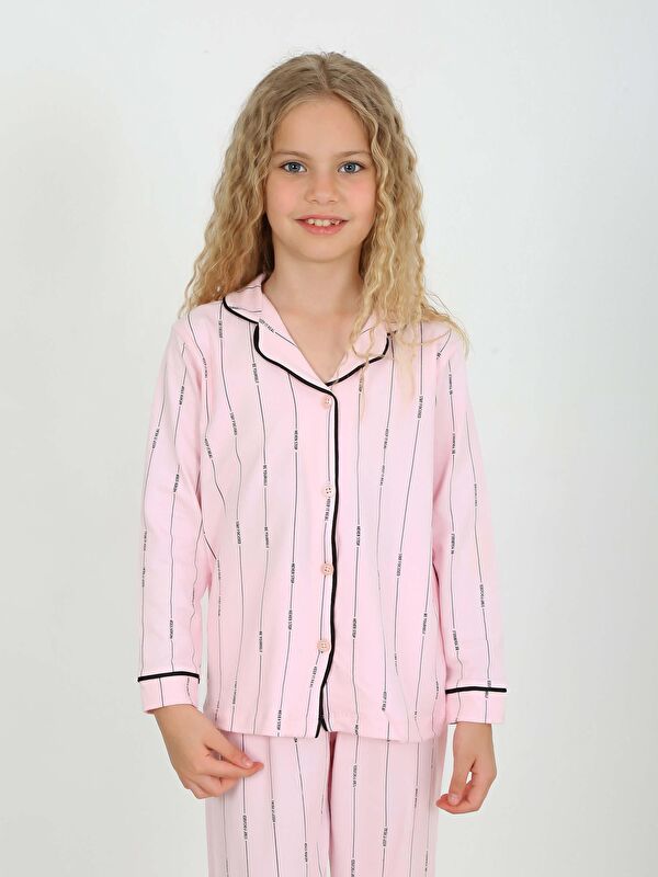 Vitmo Kız Çocuk Uzun Kollu Düğmeli, Pijama Takımı Stay Focused Pembe