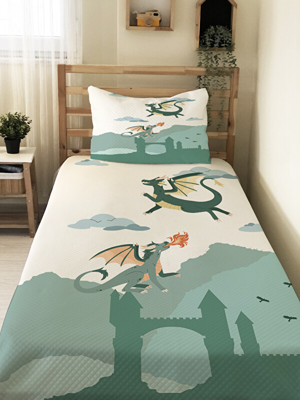 Evmila Ejderha Desenli Çocuk Pike Takımı - 160x220 Cm Pike 50x70 Cm Yastık Kılıfı