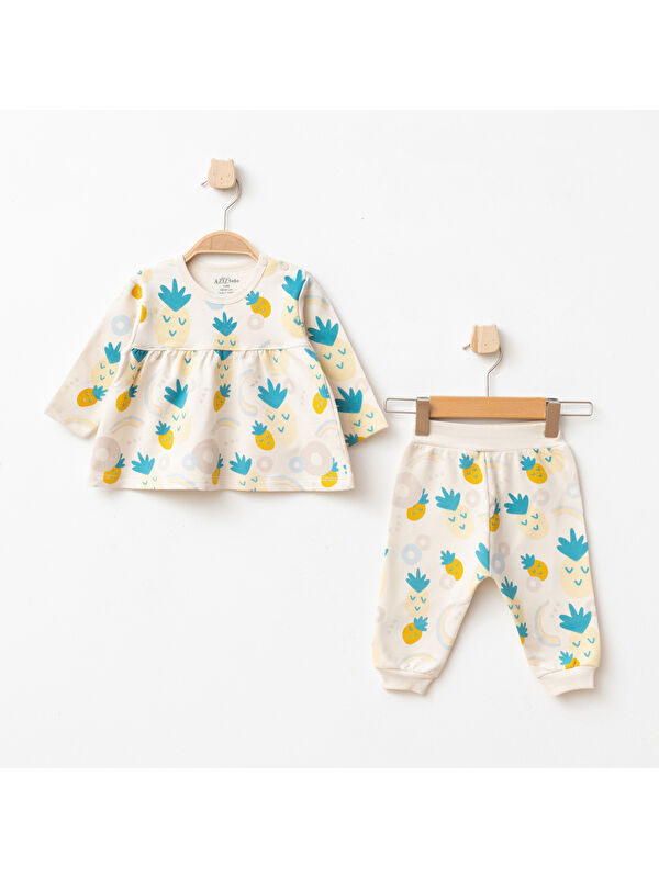 AZİZ BEBE Kız Bebek Ananas Desenli % 100 Pamuk Sweatshirt Pantolon 2 'li Alt Üst Bebek Takımı 3 Ay-36 Ay