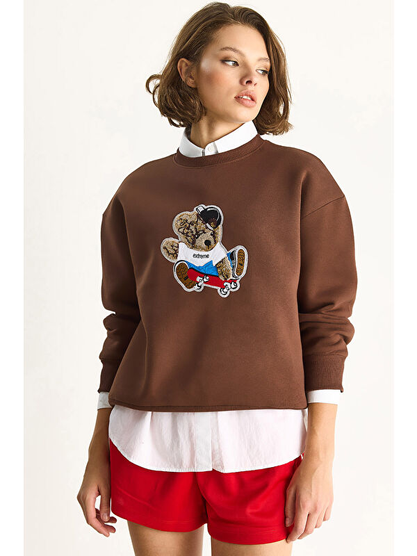 SHADE Kadın Teddy Nakış İşlemeli Bisiklet Yaka Salaş Sweatshirt