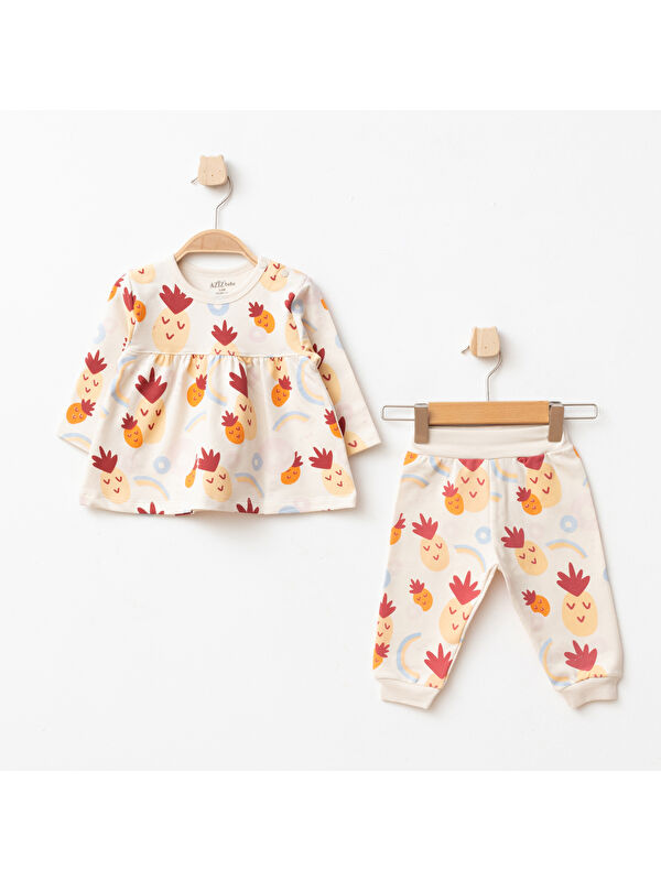 AZİZ BEBE Kız Bebek Ananas Desenli % 100 Pamuk Sweatshirt Pantolon 2 'li Alt Üst Bebek Takımı 3 Ay-36 Ay