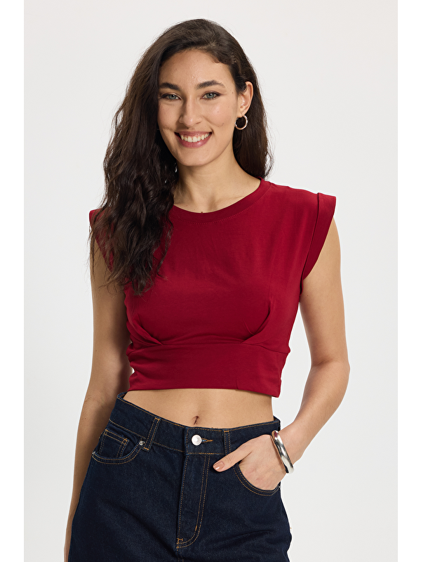TUDORS Kadın Slim Fit %100 Pamuk Pileli Yumuşak Doku Bordo Bisiklet Yaka Crop Bluz