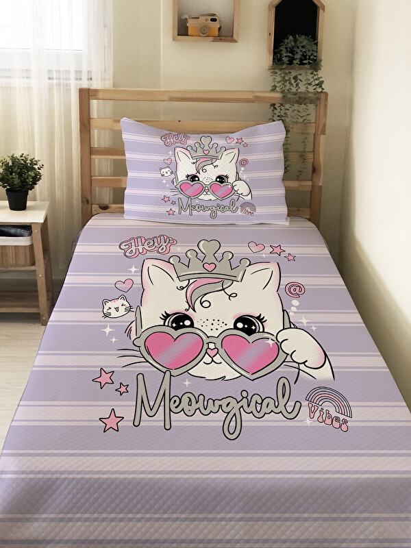 Evmila Taçlı Kedi Desenli Çocuk Pike Takımı - 160x230 Cm Pike 50x70 Cm Yastık Kılıfı