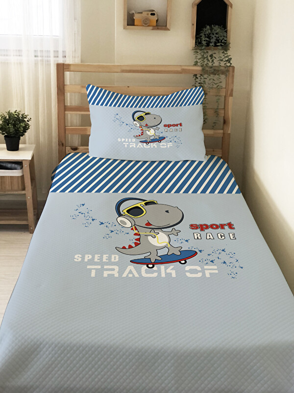 Evmila Dinozor Desenli Çocuk Pike Takımı - 160x220 Cm Pike 50x70 Cm Yastık Kılıfı
