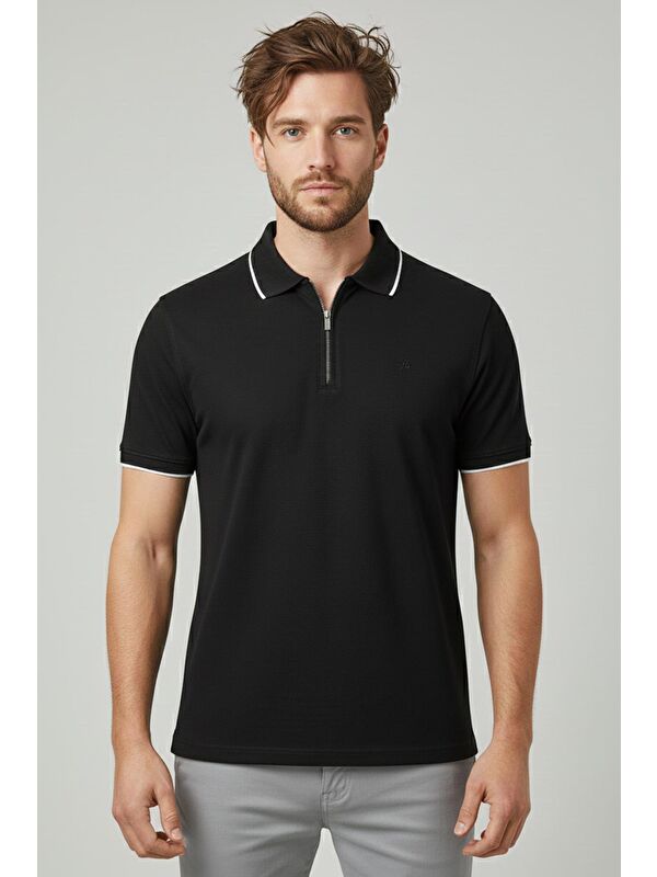 Sabri Özel Erkek Siyah Fermuarlı Polo Yaka Pike T-Shirt