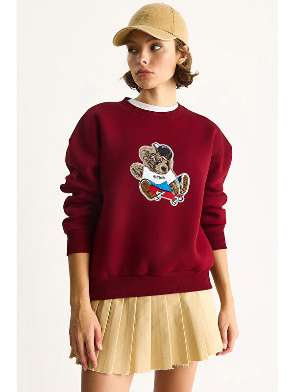 SHADE Kadın Teddy Nakış İşlemeli Bisiklet Yaka Salaş Sweatshirt