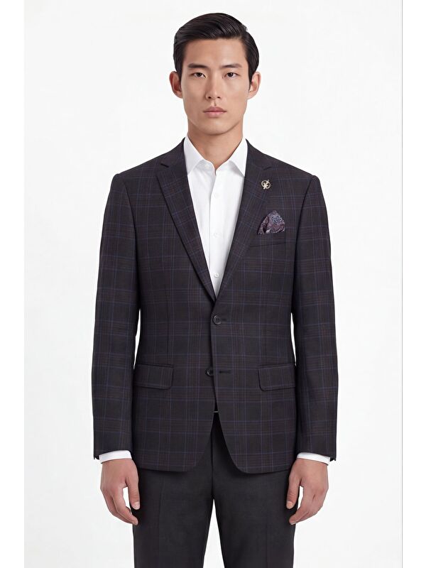 Sabri Özel Erkek Siyah Dar Kesim Slim Fit %100 Yün Ekose Dokuma Normal Bel 6 Drop Takım Elbise
