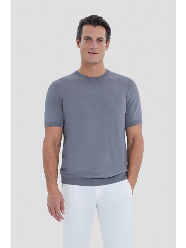Sabri Özel Gri Slim Fit Triko Bisiklet Yaka Tişört