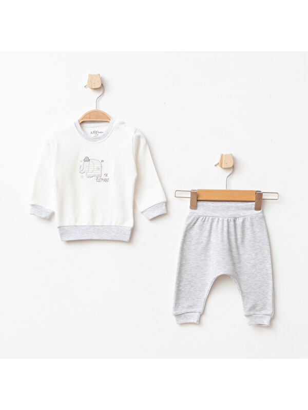 AZİZ BEBE Erkek Bebek Animal Nakışlı % 100 Pamuk Sweatshirt Pantolon 2 'li Alt Üst Bebek Takımı 3 Ay-24 Ay