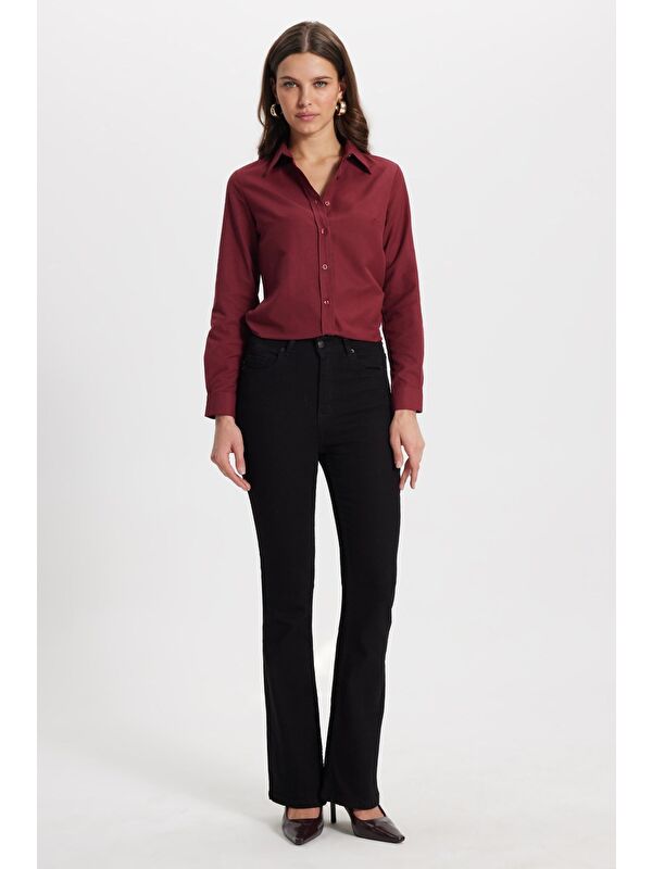 TUDORS Kadın Slim Fit Dar Kesim Uzun Kollu Pamuklu Vücuda Oturan Dokulu Bordo Basic Gömlek