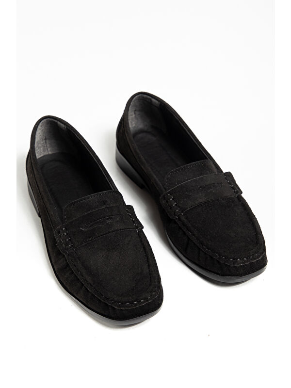 TONNY BLACK Kadın Siyah Süet Termo Kaymaz Taban Loafer Oxford Kadın Ayakkabı