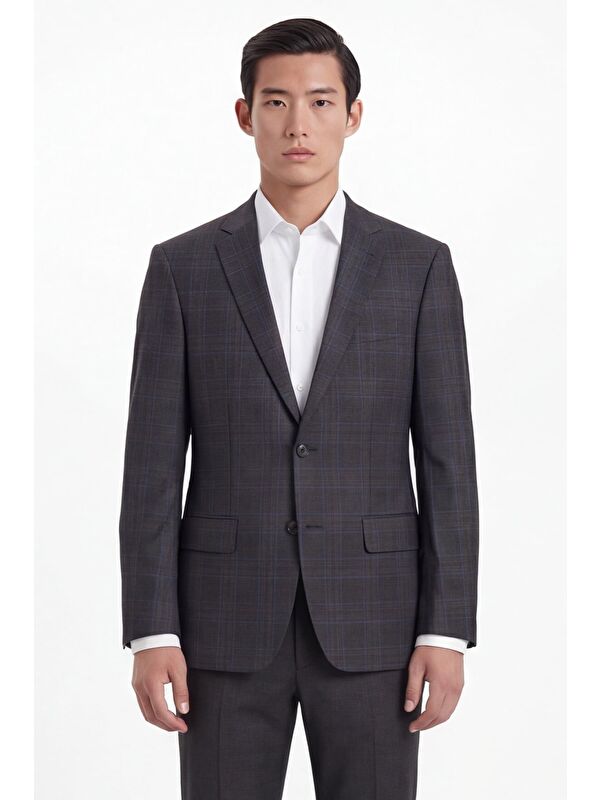 Sabri Özel Erkek Koyu Gri Dar Kesim Slim Fit %100 Yün Ekose Dokuma Normal Bel 6 Drop Takım Elbise