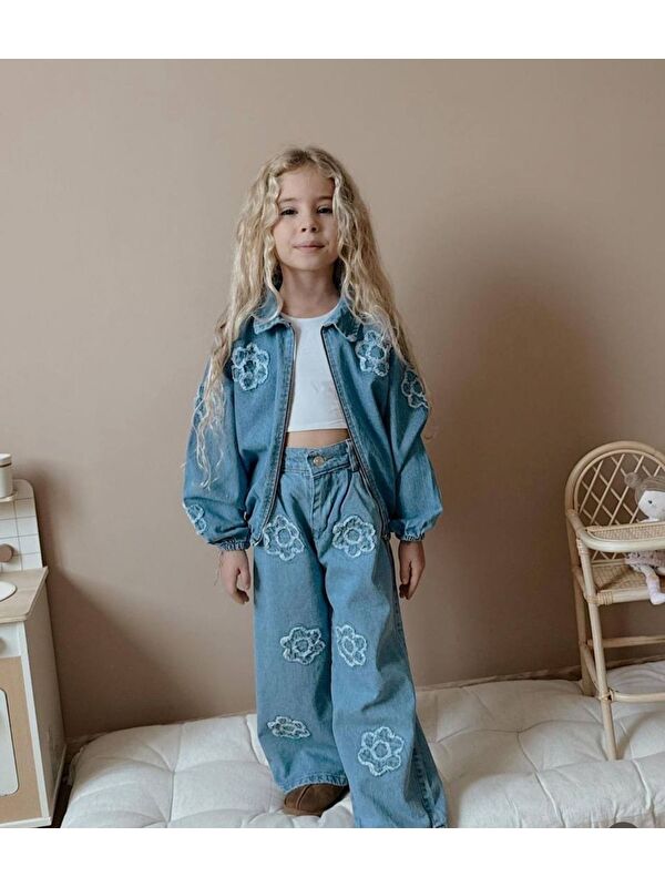 carla10 Kız Çocuk Jean İkili Takım Ceket Pantolon Açık Mavi