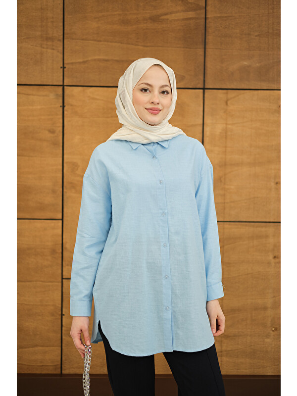 Locco Moda Kadın Şeffaf Düğme Detaylı Basic Gömlek Bebe Mavi