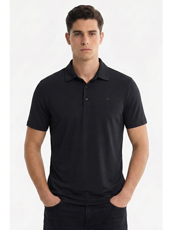 Sabri Özel Erkek Siyah Dar Kesim Slim Fit Modal Dokuma Polo Yaka Tişört