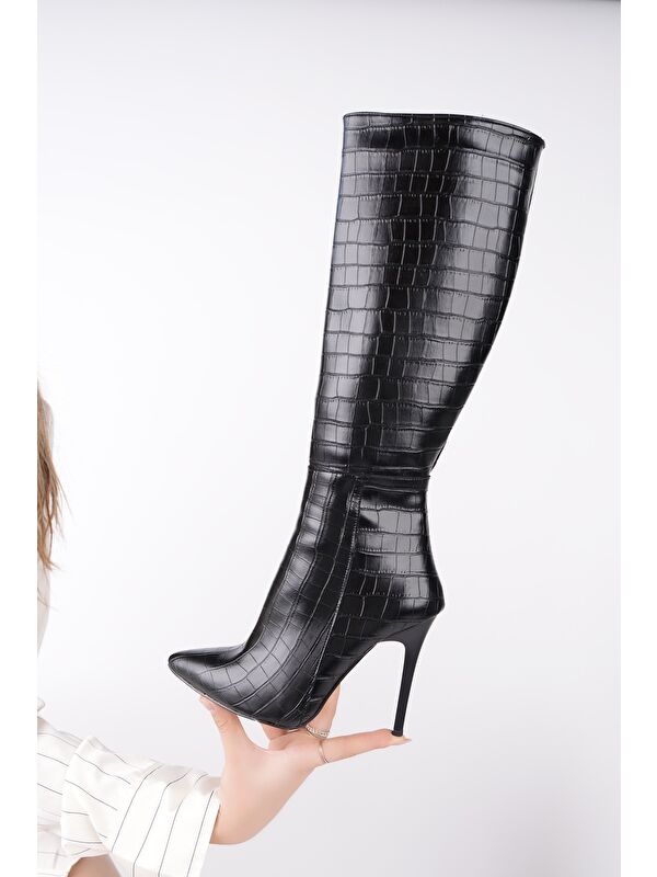 ZEST Kroko Desenli Sivri Burun Fermuarlı İnce Topuklu Kadın Çizme - Görsel 5