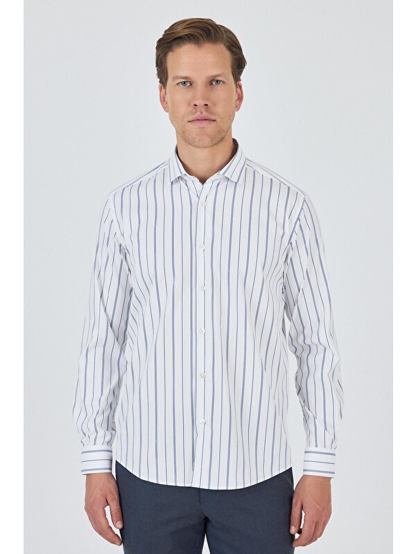 İMZA Uzun Kol Çizgili Desen Bez Ayağı İtalyan Yaka Cepsiz Esnek Classic Slim Fit Gömlek 1004250203