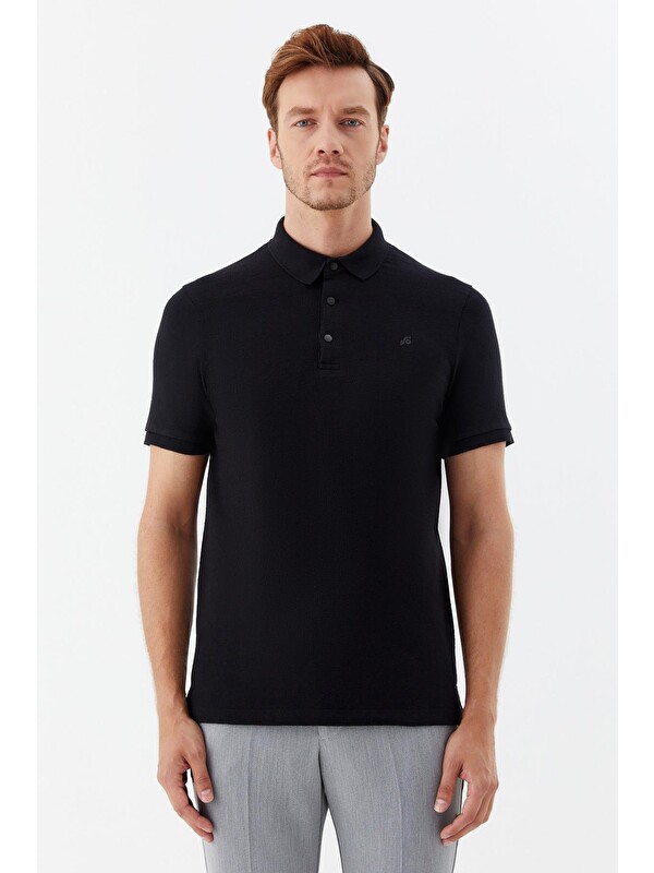 Sabri Özel Siyah Düğmeli Polo Yaka Regular Fit Erkek T-Shirt