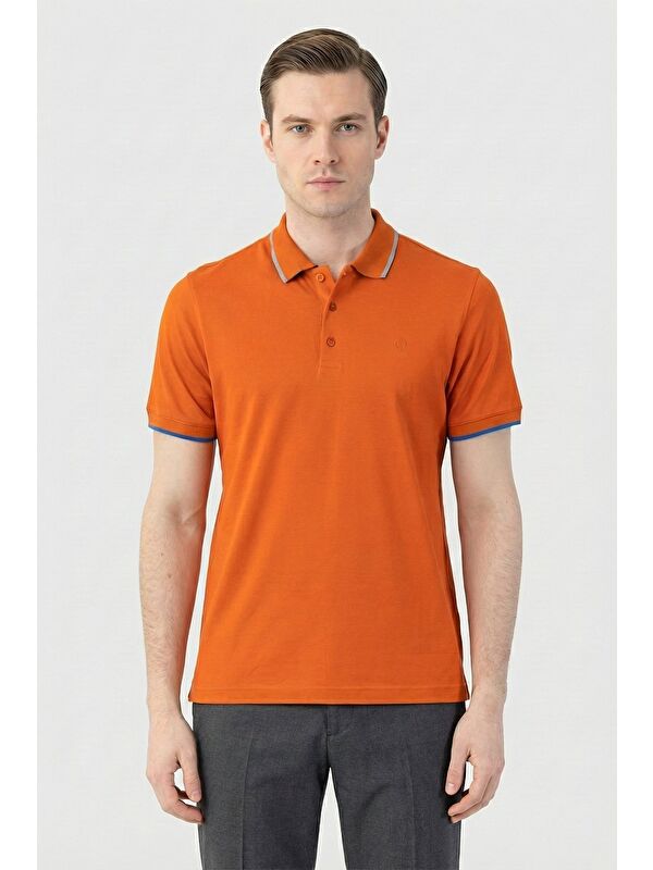 Sabri Özel Turuncu Slim Fit %100 Pamuk Düğmeli Polo Yaka Erkek T-Shirt