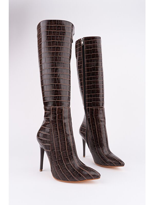ZEST Kroko Desenli Sivri Burun Fermuarlı İnce Topuklu Kadın Çizme - Görsel 2