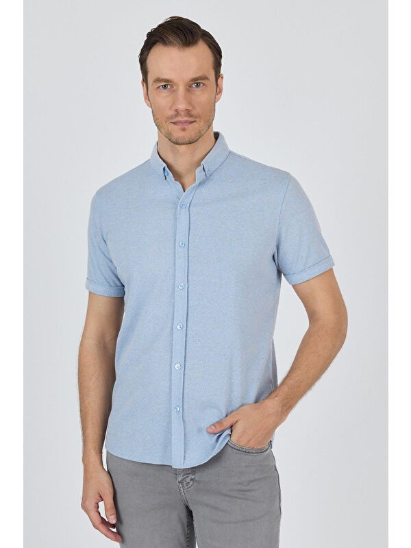 İMZA Koyu Mavi Kısa Kol Düz Örme Düğmeli Yaka Cepsiz Pamuklu Classic Slim Fit Gömlek 1004250155_300