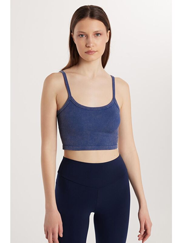 TUDORS Kadın Slim Fit Kare Yaka Düz Basic İndigo Crop Atlet