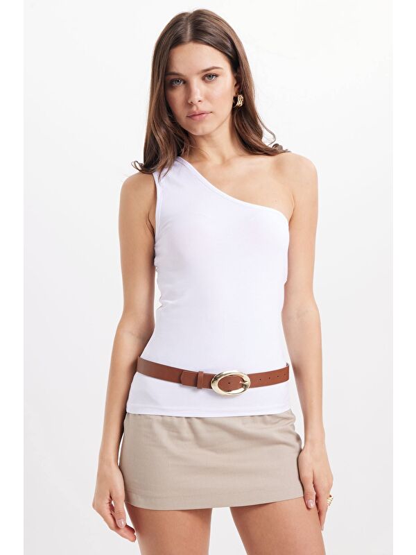 TUDORS Kadın Slim Fit Dar Kesim Pamuklu Kolsuz Beyaz Crop Atlet