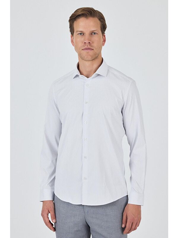 İMZA Uzun Kol Çizgili Desen Bez Ayağı İtalyan Yaka Cepsiz Esnek Classic Slim Fit Gömlek 1004250202