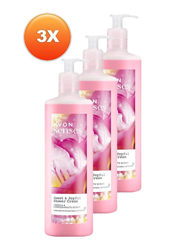 AVON Senses Joyful Frezya ve Nar Kokulu Krem Duş Jeli 720 Ml. Üçlü Set