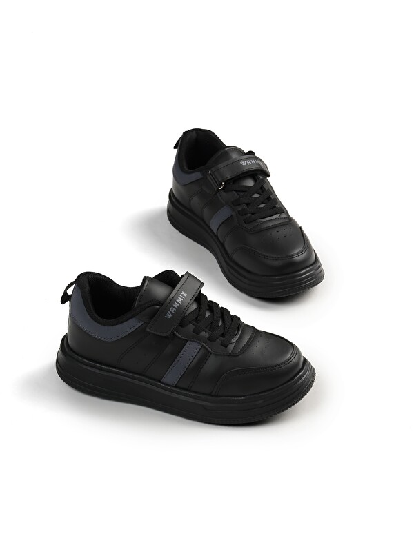 TONNY BLACK Çocuk Unisex Siyah Füme Rahat Kalıp Yanı Cizgili Cırtlı Sneaker