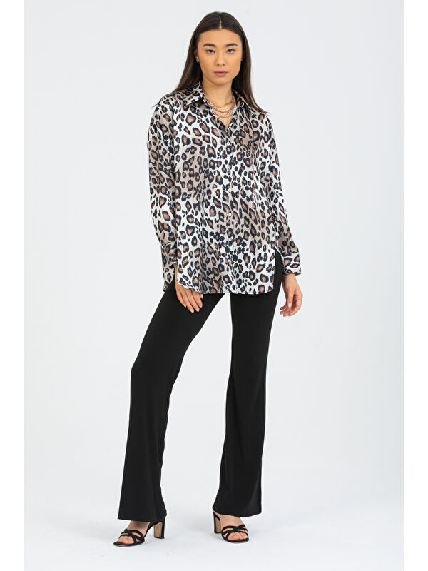 Pera Moda Leopar Desenli  Salaş Oversize  Saten Gömlek