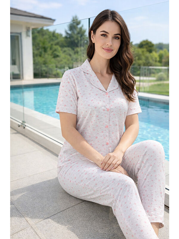 Remsa Kadın Desenli Kısa Kol Suprem Pijama Takımı 0249 Bej