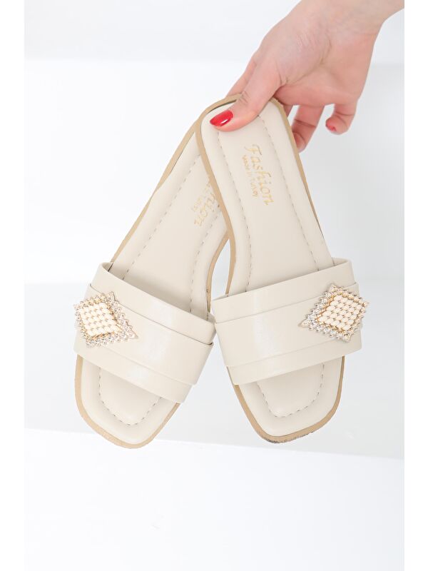 Kadın Krem Tokalı Terlik - 27157 - Görsel 6