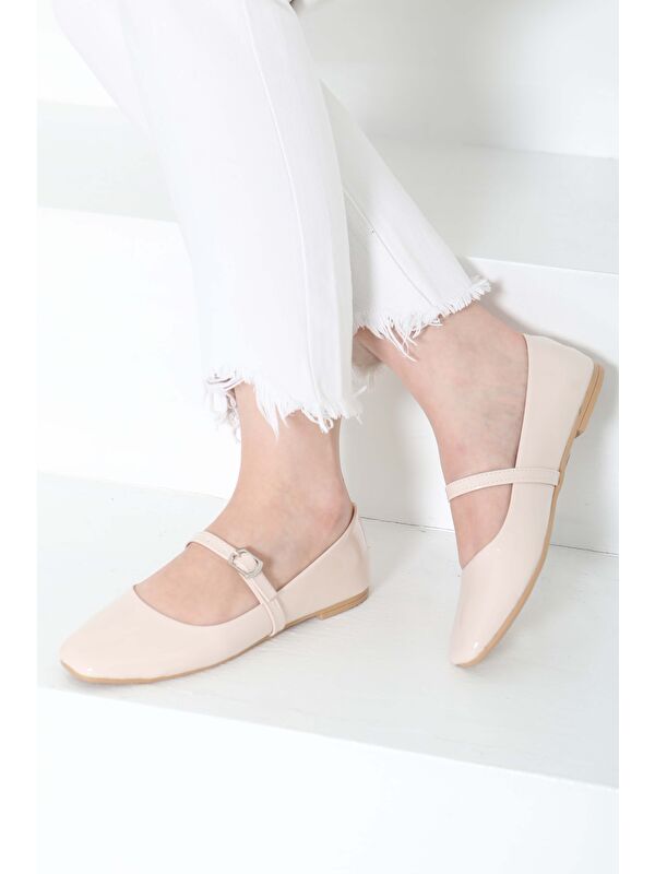 Kadın Krem Kemerli Rugan Ayakkabı - 27155 - Görsel 6