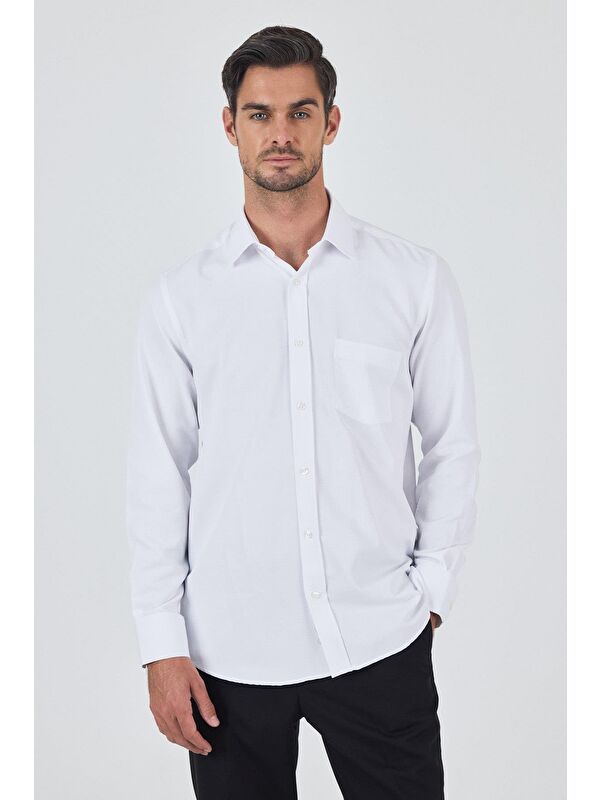 İMZA Uzun Kol Desenli Armürlü Sert Yaka Cepli Pamuklu Classic Comfort Fit Büyük Beden Gömlek 1004250178