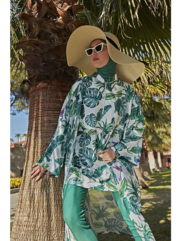 Remsa Mayo Tesettür Mayo Üzerine Tek Kaftan Kimono Pareo RP017 Yeşil Yapraklar