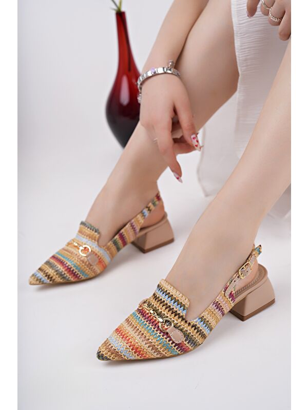 HERJEE Sivri Burun Arkası Açık Hasır Kadın Günlük Kısa Topuklu Ayakkabı - Görsel 3