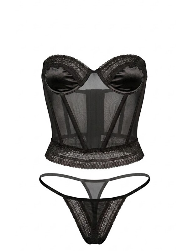 C&City Dantel Detay Fantezi Crop Bustiyer Takım 6503 Siyah