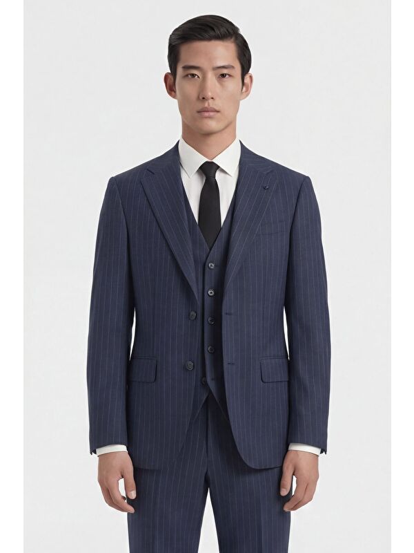 Sabri Özel Giotelli Erkek Lacivert Dar Kesim Slim Fit Viskon Çizgili Yan Cep Normal Bel 6 Drop Takım Elbise