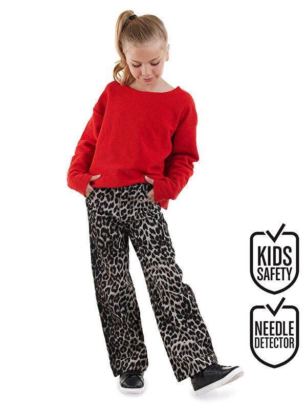 Denokids Leopar Desenli Kız Çocuk Gabardin Pantolon