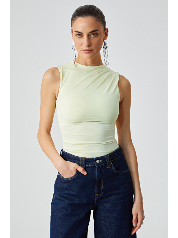 ETHIQUET CANISA Kadın Slim Fit Sıfır Kol Yuvarlak Yaka Düz Renk SARI Atlet