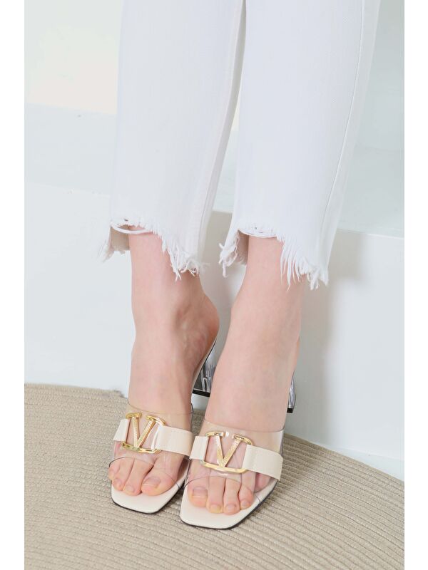 Kadın Krem Tokalı Şeffaf Topuklu Terlik - 27113 - Görsel 4