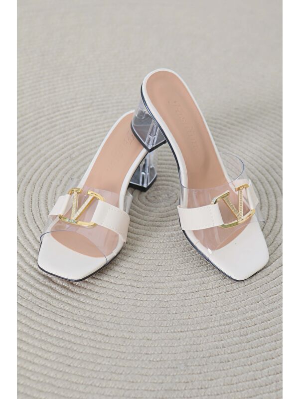 Kadın Krem Tokalı Şeffaf Topuklu Terlik - 27113 - Görsel 6