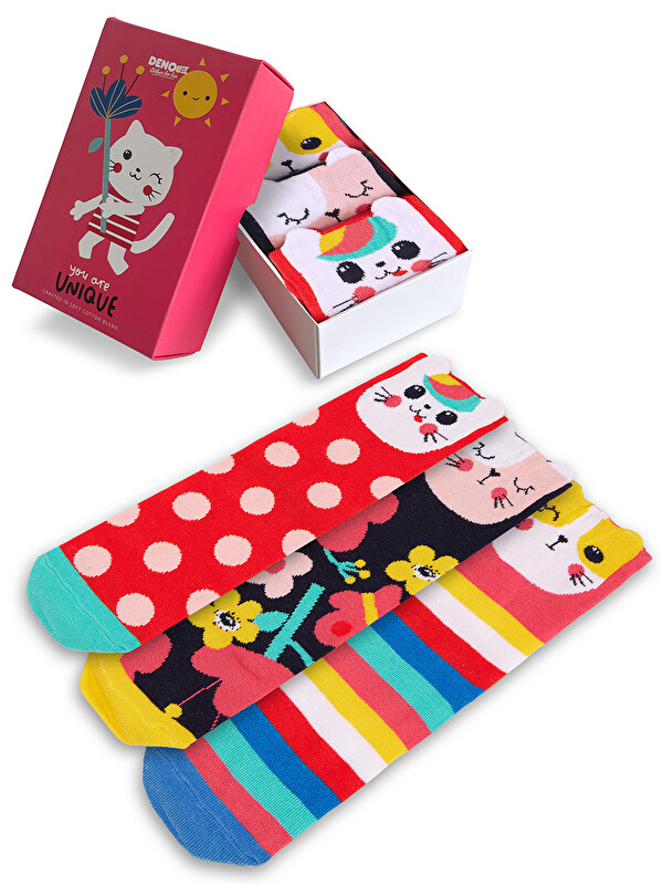 Denokids Renkli Kediler Kız Çocuk 3'lü Kutulu Çorap