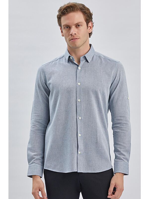 İMZA Koyu Mavi Uzun Kol  Armürlü Yarım İtalyan Yaka Classic Slim Fit Gömlek 1004240250