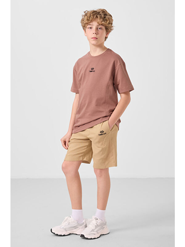 Tommylife Tarçın-Koyu Bej Pamuklu Oversize Fit Dokuma Hafif Esnek Chino Erkek Çocuk Şort Takım - 11276