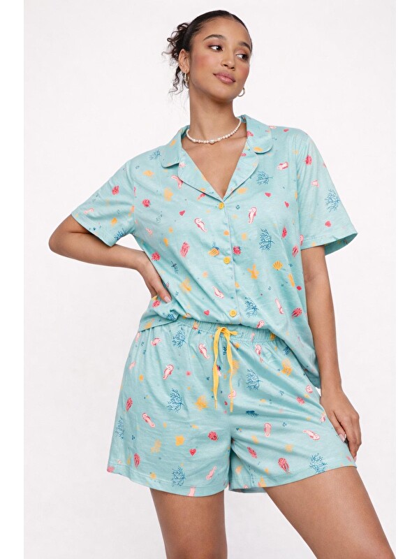 Katia And Bony Kadın Sea La Vie Denizaltı Desenli Düğmeli Pijama Takımı Mavi