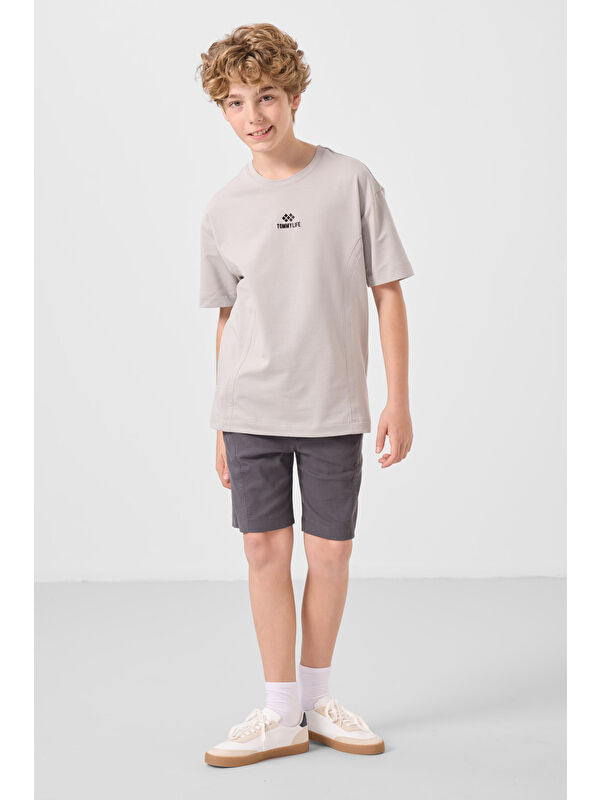 Tommylife Taş-Antrasit Pamuklu Oversize Fit Dokuma Hafif Esnek Chino Erkek Çocuk Şort Takım - 11276